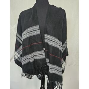 Plaid One Size Acrylic Soft Cozy Shawl Black Grey Red Poncho Cape Fringe Hem